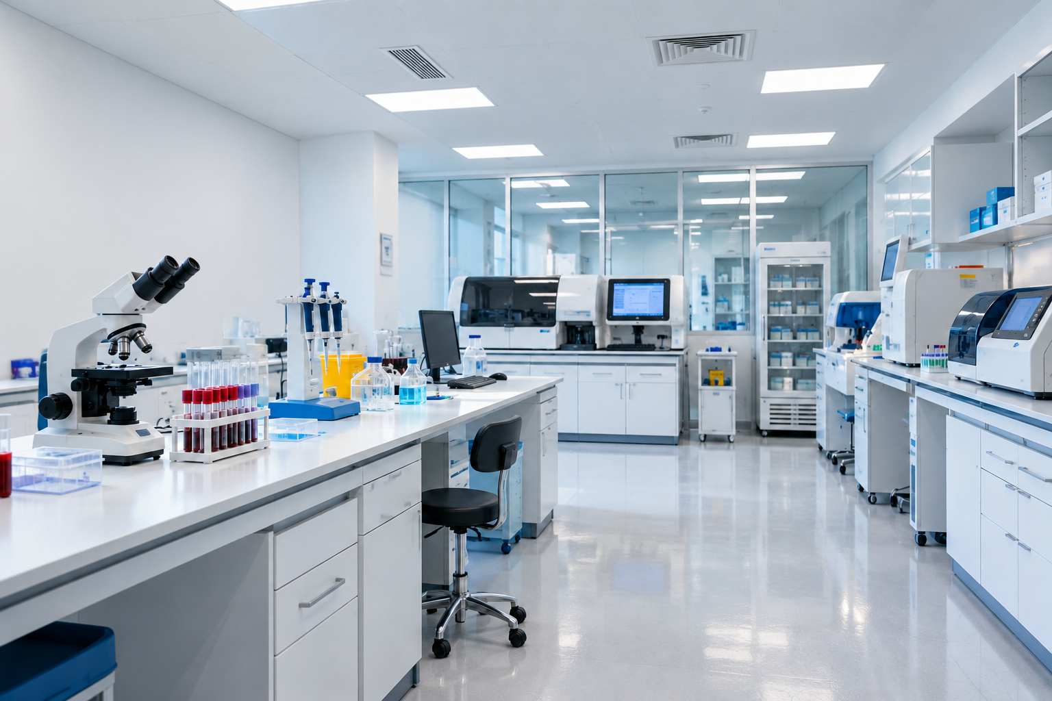 Modern diagnostic laboratory with testing equipment and work benches